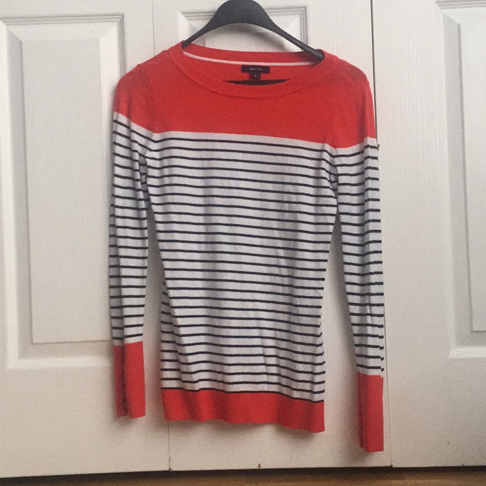 Nautica Red Navy Blue Striped Boatneck Sweater
